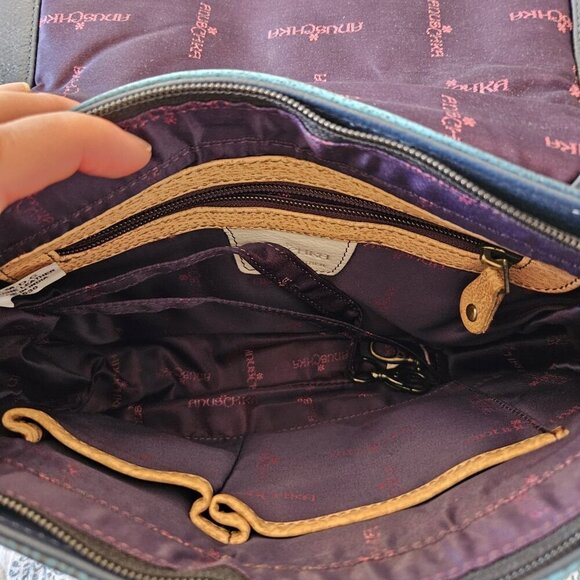 Anuschka Hand Painted Leather Shoulder Bag Blue Floral Turnlock - Picture 6 of 16